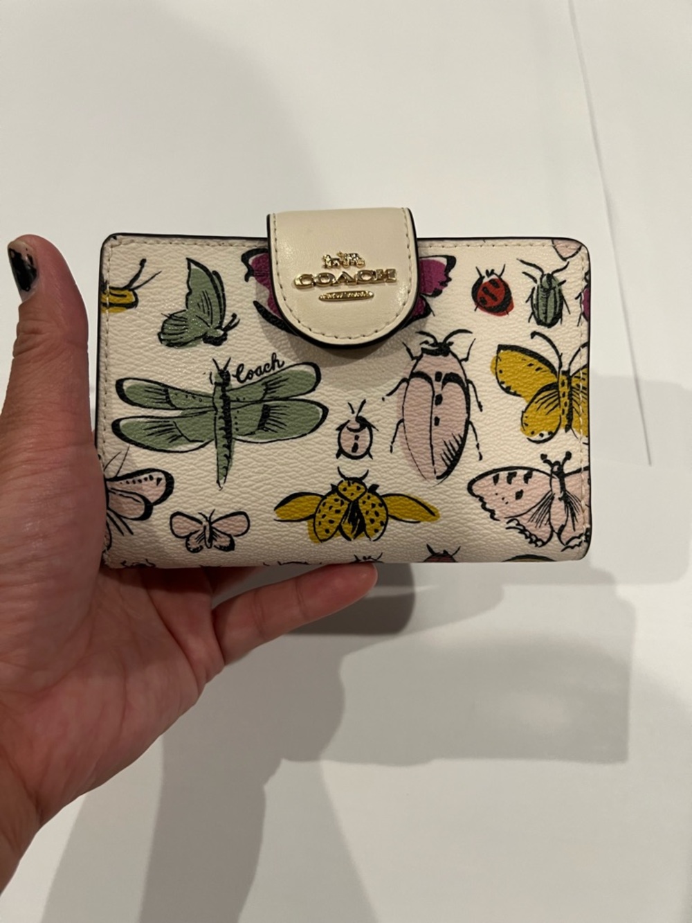 Coach Cream Multi Butterfly & Bug Print Compact corner zip Wallet